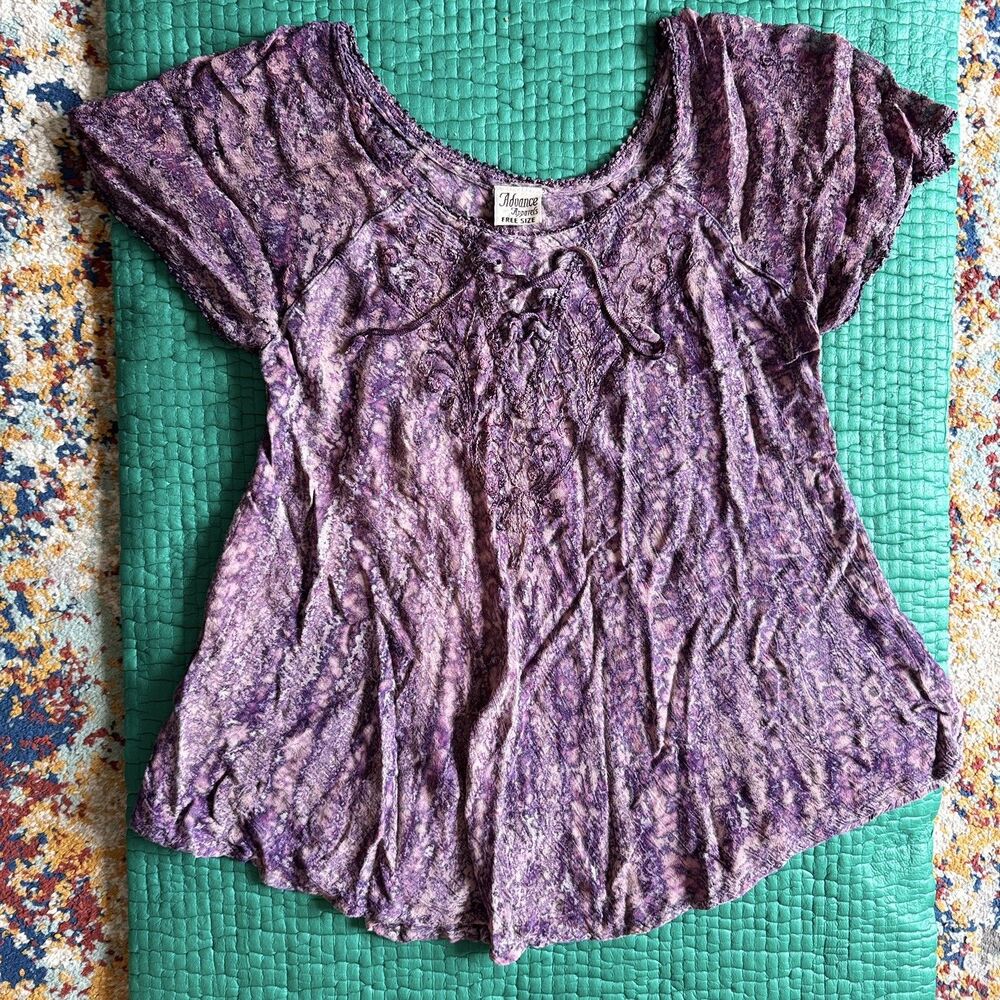 Advance Apparels Batik Cap Sleeve Purple Embroidered Top Hippie 90s S M L Tie